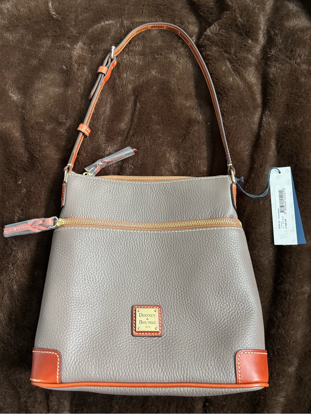 NWT Dooney & Bourke Grey Pebble Leather Bag with Brown Trim